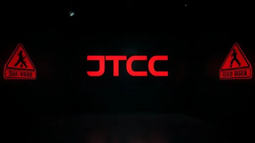 A dramatic news studio with the JTBC logo dimmed and emergency warning signs, financial crisis concept, dark moody lighting with red alert indicators, professional documentary style