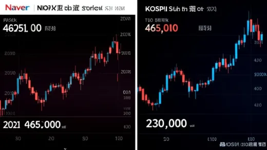 A dramatic split image showing Naver's stock price chart declining from 2021 peak of 465,000 won to current 230,000 won level, with KOSPI index rising in background, financial news style infographic with red and blue candles