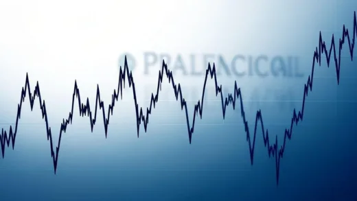 A dramatic stock chart with sharp peaks and valleys, a pharmaceutical company logo faintly visible in the background, symbolizing extreme volatility and investor emotions, in a modern, professional style.