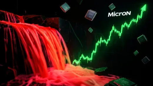 A dramatic stock market chart showing Apple's stock price crashing down like a waterfall in bright red, while Micron's stock is skyrocketing in green, with semiconductor chips floating in the background, cinematic lighting