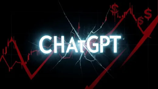 A dramatic visual of a glowing ChatGPT logo fading or cracking against a dark financial chart background showing red declining arrows and dollar signs, symbolizing financial crisis for OpenAI