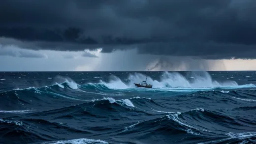 A dramatic wide-angle view of a stormy Southern Ocean with massive waves crashing against a small ship, dark storm clouds gathering on the horizon, cold blue-grey color palette, hyper-realistic style, cinematic lighting