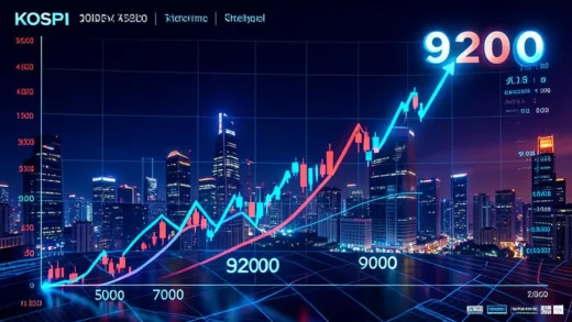A dynamic financial graph showing KOSPI index soaring upward from 3000 to 9200, with milestone markers at 5000, 7000, and 9000, vibrant blue and red colors, futuristic Seoul skyline background, digital financial data visualization style