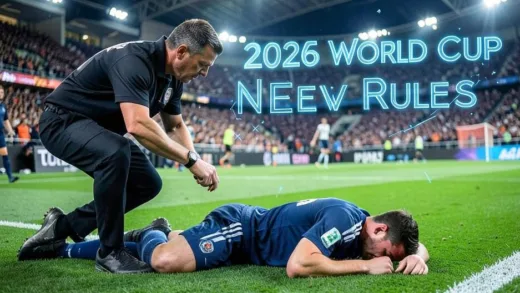 A dynamic football stadium scene showing a referee checking his watch while a player lies on the ground pretending to be injured, with a digital overlay showing '2026 World Cup New Rules' in futuristic style