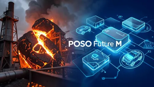 A dynamic image showing a transition from a traditional steel mill (hot molten iron) to futuristic battery components and electric vehicle icons, with "POSCO Future M" logo subtly integrated, symbolizing innovation and future.