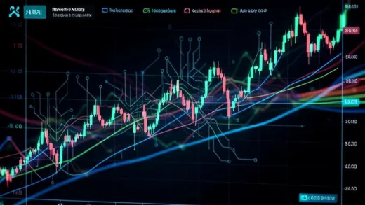 A dynamic stock chart showing a sharp upward trend for a major technology company, with a digital overlay of AI circuit patterns and data flowing rapidly in the background, symbolizing market re-evaluation and technological advancement.