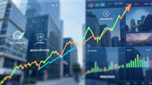 A dynamic stock market chart showing an upward trend, with icons representing "securities" and "insurance" prominently featured. The background includes blurred images of modern financial buildings and digital interfaces.