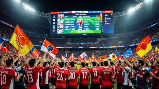 A dynamic World Cup 2026 stadium scene showing multiple Asian team flags waving in the crowd, players in red and white jerseys celebrating on the pitch, with a giant scoreboard showing surprising match results highlighting Asian teams' victories, cinematic lighting, professional sports photography style