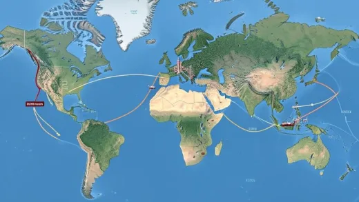 A dynamic world map showing oil tankers traveling from Saudi Arabia to Korea, and from the US to Korea, with the US route becoming increasingly prominent. The Korean peninsula is highlighted, with oil refineries in the background.