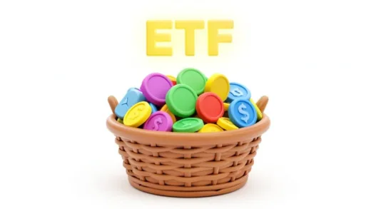 A friendly 3D illustration showing a basket filled with various colorful stock icons and coins, with a stock exchange ticker symbol 'ETF' glowing above the basket, clean white background, mobile-friendly composition
