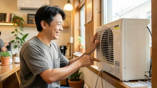 A friendly Korean small business owner smiling while looking at a new energy-efficient air conditioner being installed in their cafe, warm and hopeful atmosphere, realistic photography style