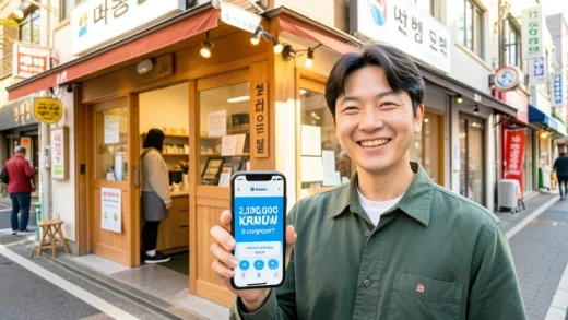 A friendly Korean small business owner standing in front of their small shop, holding a smartphone showing a Hana Bank app with '2,000,000 KRW Support' notification, bright and hopeful atmosphere, modern Korean street setting, warm colors, photorealistic style