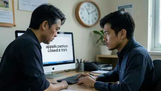 A frustrated small business owner staring at a computer screen showing 'application closed' in Korean, clock showing 10:01 AM, tense atmosphere in a small office, photorealistic style