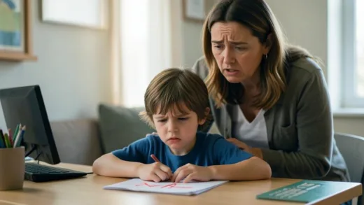A frustrated young child sitting at a desk with a wrong answer marked in red, with an overprotective mother hovering anxiously behind, looking worried, realistic style, soft lighting