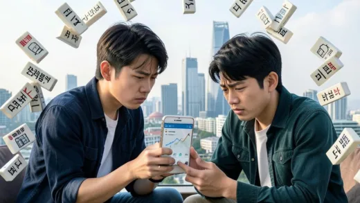 A frustrated young Korean couple looking at a real estate chart on a smartphone, surrounded by falling dominoes representing failed government policies, Seoul skyline in background, realistic style