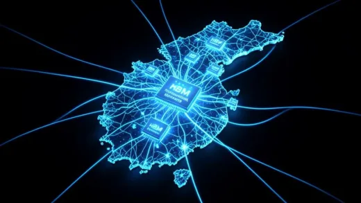 A futuristic 3D visualization of the Korean peninsula map with glowing HBM (High Bandwidth Memory) semiconductor chips interconnected by bright blue data streams and neural network patterns, representing AI semiconductor dominance