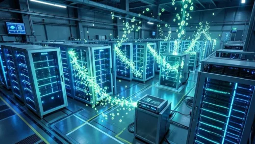 A futuristic AI data center visualized as a massive factory producing glowing digital tokens. GPU servers and HBM memory modules are shown with token particles flowing through the facility, representing the token economy concept.