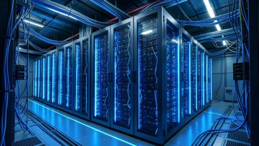 A futuristic AI data center with massive server racks glowing with blue lights, electrical cables and power distribution systems visible, 8K photorealistic style