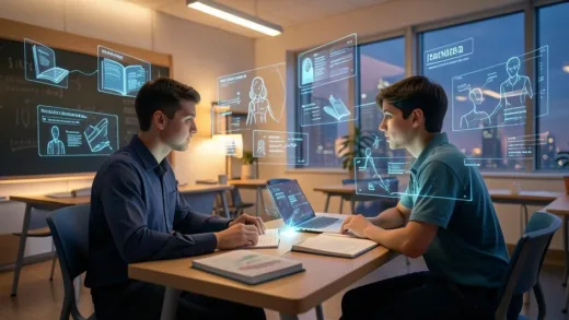 A futuristic classroom scene in 2026, a human student sitting at a desk interacting with multiple holographic AI interfaces, books floating in digital form, warm ambient lighting, concept of learning paradigm shift, cinematic style
