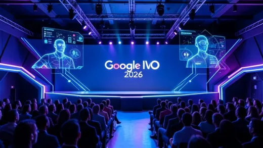 A futuristic conference stage with Google I/O 2026 branding, holographic AI agent interfaces floating in the air, diverse audience watching the keynote, blue and purple neon lighting, ultra modern technology vibe