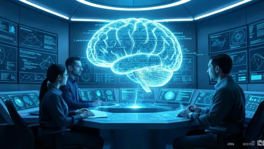 A futuristic control room with a holographic brain made of flowing text and code, calm blue lighting, humans and AI interacting harmoniously through a glowing interface, digital art style, 2026 technology aesthetic