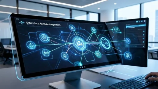 A futuristic dashboard showing multiple AI icons connected by glowing lines, representing enterprise AI data integration, with a sleek modern office background in 2026
