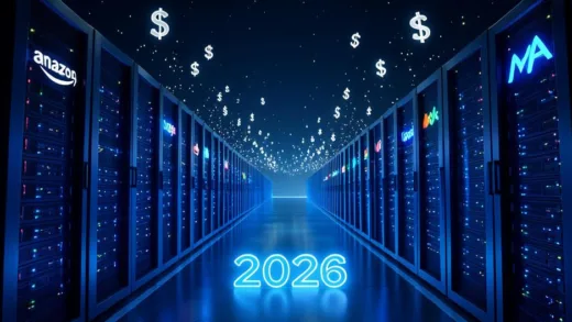 A futuristic data center at night with glowing blue server racks stretching into infinity, dollar signs floating in the air like digital particles, Amazon, Google, Meta, Microsoft logos glowing on server towers, 2026 displayed in neon, cinematic wide shot