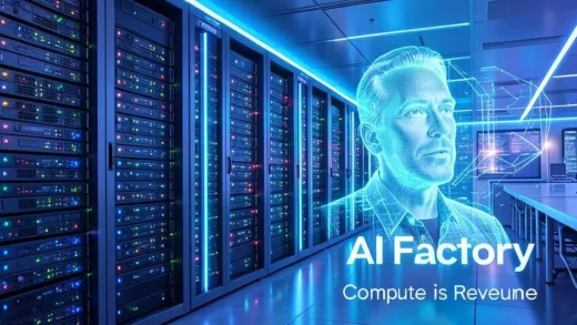 A futuristic data center with glowing servers, illustrating "AI Factory" concept. Jensen Huang's hologram or image in the background, text "Compute is Revenue" subtly integrated. High-tech, clean, vibrant.