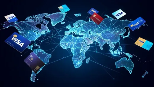 A futuristic digital illustration of various credit cards with Visa logos floating around a glowing global network map, symbolizing Visa's worldwide payment network dominance