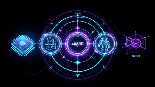 A futuristic flywheel diagram showing interconnected stages: chip, data center, AI model, service/robot, revenue, and power infrastructure, glowing with neon blue and purple lights, digital art style