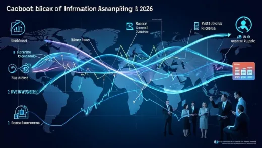 A futuristic graph showing economic indicators shifting from old patterns to new normal, with digital information flowing like water between professional investors and general public, symbolizing the collapse of information asymmetry in 2026