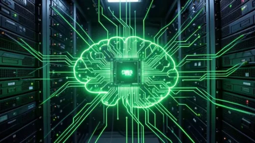 A futuristic green circuit board (PCB) glowing amidst a complex network of high-speed data pathways, representing the brain of an AI server rack.