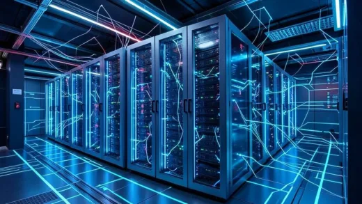 A futuristic, high-tech AI data center with glowing servers and complex network connections, emphasizing cost efficiency and high output, with a focus on commercial value.