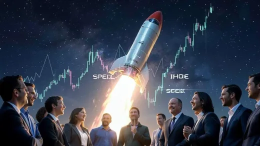 A futuristic rocket launching into space with a subtle stock market graph overlay, symbolizing the SpaceX IPO. The scene is dynamic and forward-looking, with a diverse group of investors observing from below with a mix of excitement and contemplation.