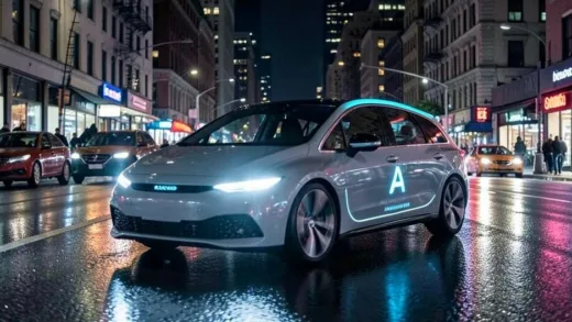 A futuristic self-driving taxi smoothly navigating a bustling city street at night, with bright headlights and a glowing "A" for autonomous on its side. The city lights reflect on the wet pavement.