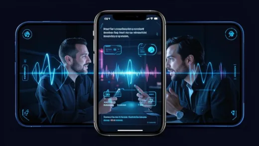 A futuristic smartphone screen showing real-time multilingual translation with glowing AI interface elements, two people conversing across a language barrier, digital audio waves representing streaming processing