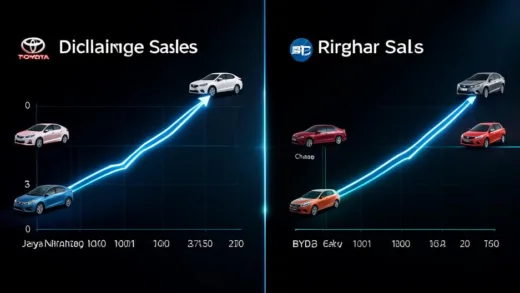 A futuristic split-screen infographic showing Japan's declining car sales graph vs China's rising car sales graph, with miniature car icons representing Toyota, Honda, Nissan on one side and BYD, Geely on the other, cinematic lighting, 4k resolution
