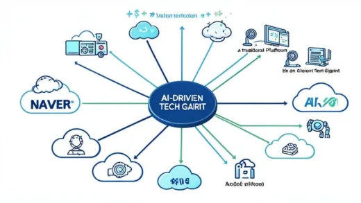 A graphic illustrating the evolution of Naver from a traditional platform to an AI-driven tech giant, with various technological elements (AI, cloud, robotics) branching out.