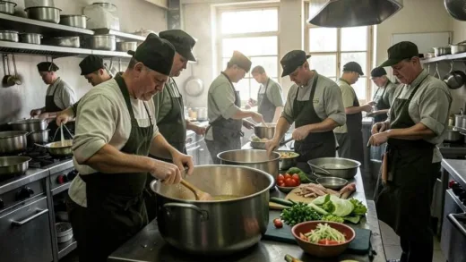A group of military cooks in a large, bustling kitchen, working diligently to prepare food. One cook is stirring a giant pot, another is chopping vegetables. The atmosphere is busy but focused, with a sense of camaraderie. Early morning light filters through a window. Realistic style.