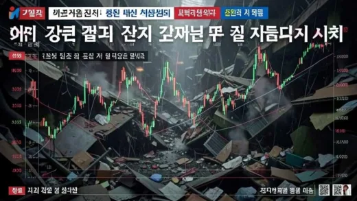 A highly detailed image of a stock market chart plummeting, with Korean and international news headlines in the background reporting a global market crash. The atmosphere is tense and chaotic.