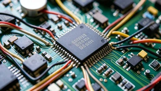 A highly detailed image of a tiny, advanced power module integrated closely with a high-performance AI GPU chip on a circuit board, surrounded by intricate wiring and other miniature components, emphasizing the high-density and heat dissipation challenges.