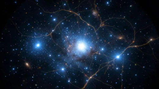 A highly detailed image of the early universe, showing faint, massive first-generation stars (Population III stars) composed almost entirely of hydrogen and helium, glowing with a unique blue light. Gravity lensing distorts the light from these distant stars, making them visible through the advanced optics of the James Webb Space Telescope. The background is a cosmic web of gas and dark matter, with hints of very distant, nascent galaxies.