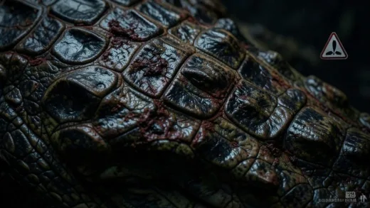 A highly realistic and dramatic close-up of decaying human skin resembling crocodile scales, dark necrotic tissue, medical horror concept, dark and grim atmosphere, photorealistic style, warning sign visual