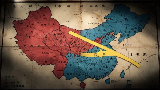 A historical battle map of China in 1943 showing Japanese occupied coastal areas in red, Nationalist Chinese controlled inland areas in blue, with a large arrow indicating the pressure from multiple directions, cinematic lighting, documentary style
