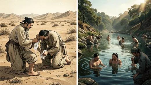 A historical illustration of ancient Chinese people in a dry, arid landscape using a small damp cloth to wipe their bodies,对比 showing a wetter southern region with people bathing in rivers, cinematic lighting, educational documentary style