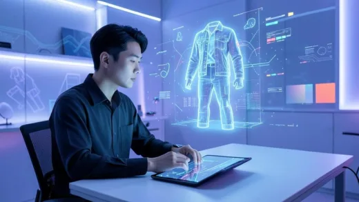 A Korean fashion designer sitting at a modern desk, looking at a holographic 3D AI-generated virtual clothing sample floating above a tablet, creative atmosphere with digital patterns and color palettes floating in the air, futuristic design studio, soft blue and purple lighting, 2026 style