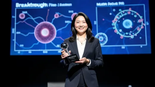 A Korean female physicist standing proudly at an awards ceremony holding a Breakthrough Prize trophy, with a large screen showing muon particle physics diagrams in background, professional lighting, photorealistic style
