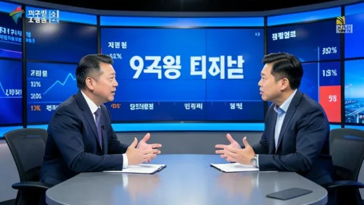 A Korean news studio with two experts debating about jeonse deposit system, with a large digital screen showing '9조원 피해' statistics in the background, hyper-realistic style