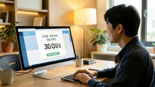 A Korean small business owner looking at a computer screen with a loan approval notification showing 30 million won, warm lighting, modern office setting