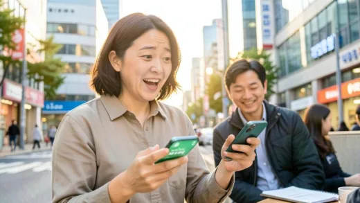 A Korean small business owner looking surprised and happy while checking smartphone notifications about government subsidies, warm and hopeful atmosphere, modern Korean city background